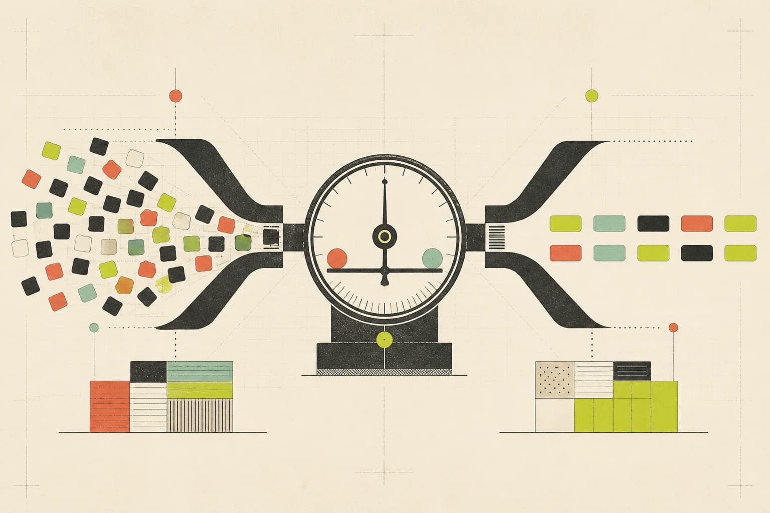 Abstract token tiles moving through a calibrated gauge and emerging as a smaller organized set